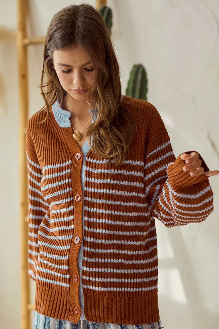 LovLov Striped Button Down Cardigan Sweater in Camel