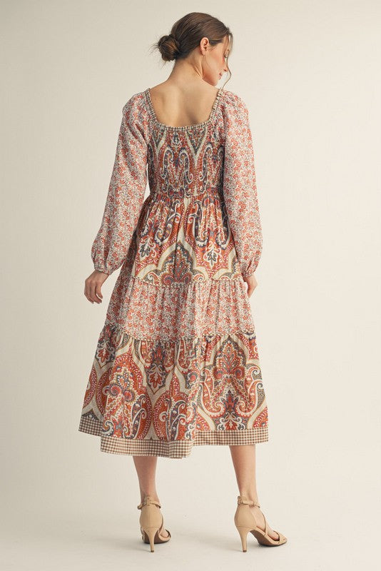 Jodifl Mix N Match Tiered Midi Dress in Rust Mix