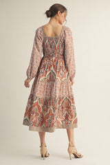 Jodifl Mix N Match Tiered Midi Dress in Rust Mix
