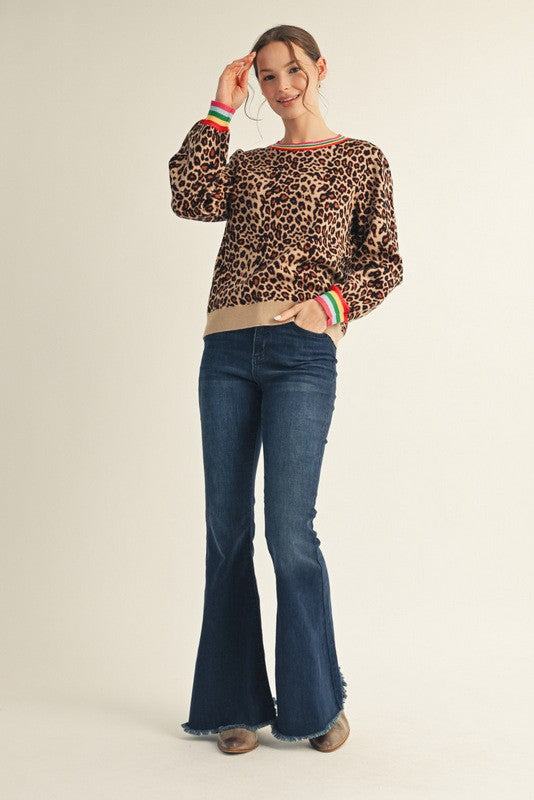 Jodifl Leopard Print Sweater with Multi Color Stripe Details in Animal