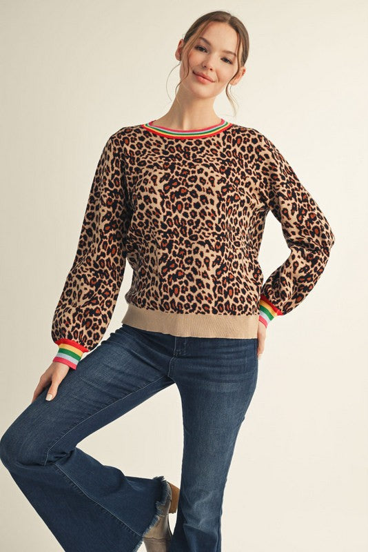 Jodifl Leopard Print Sweater with Multi Color Stripe Details in Animal