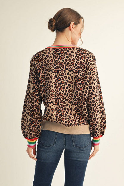 Jodifl Leopard Print Sweater with Multi Color Stripe Details in Animal