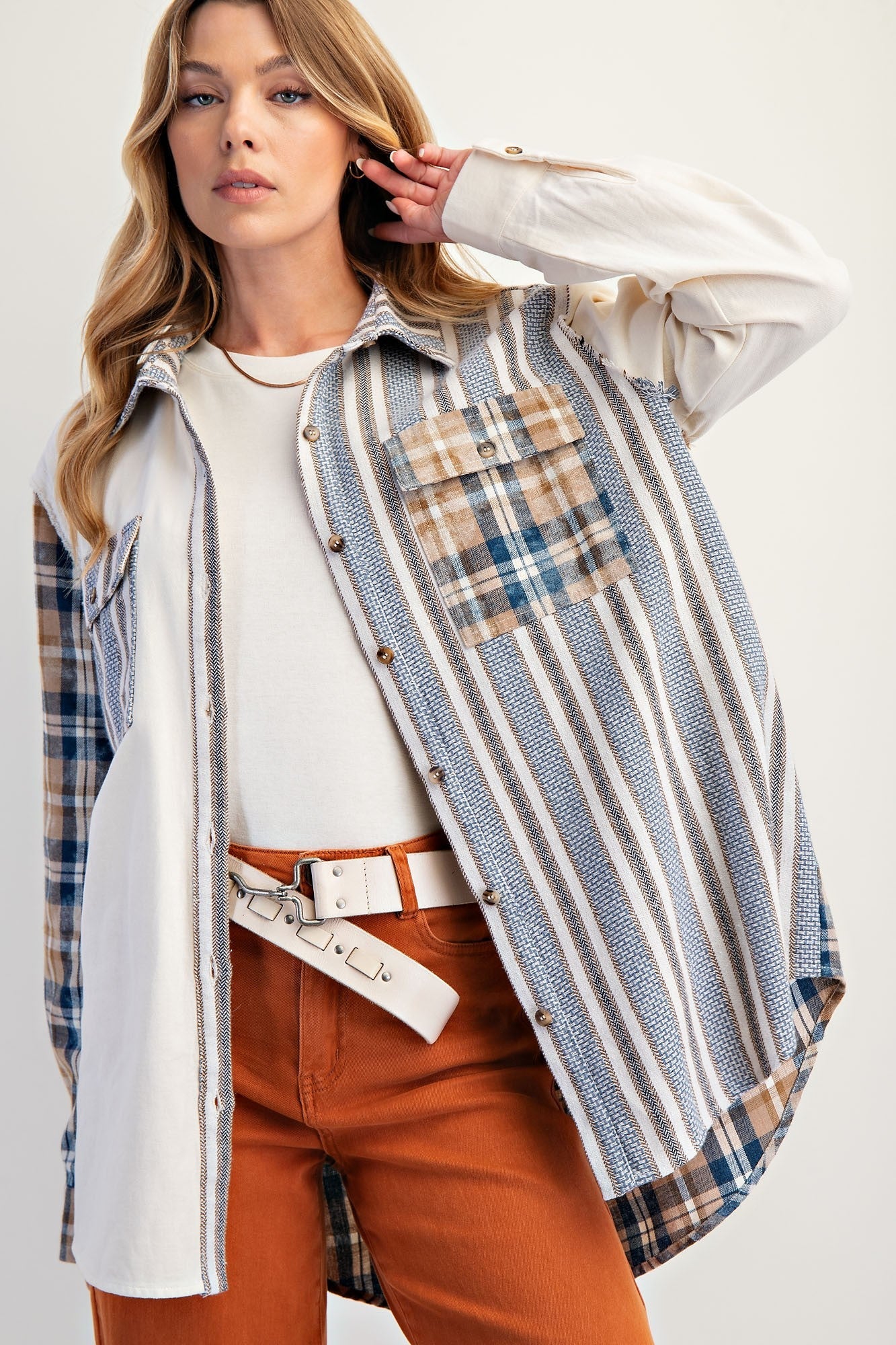 Easel Mixed Print Patchwork Shacket with Back Star Patches in Cream Blue