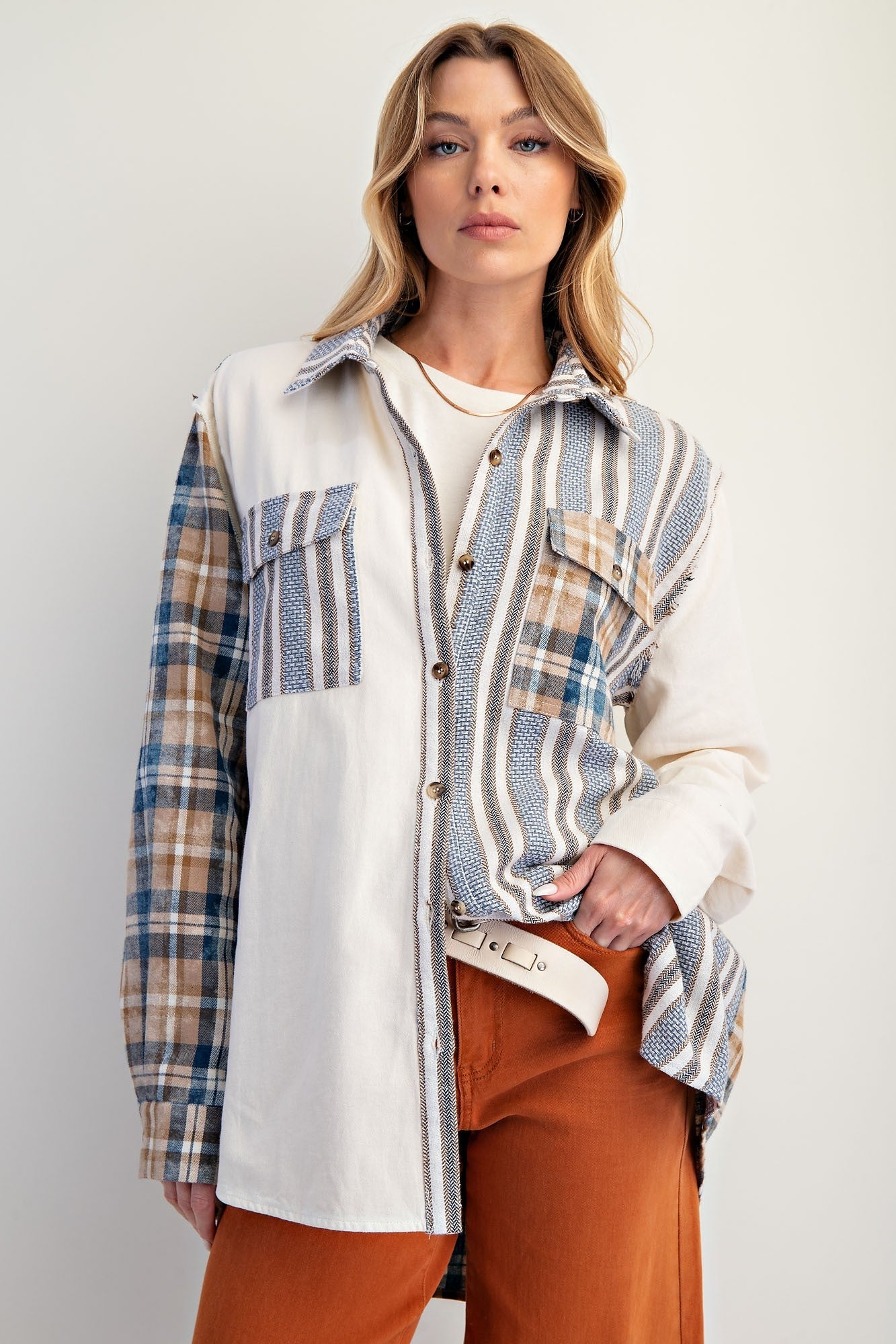 Easel Mixed Print Patchwork Shacket with Back Star Patches in Cream Blue