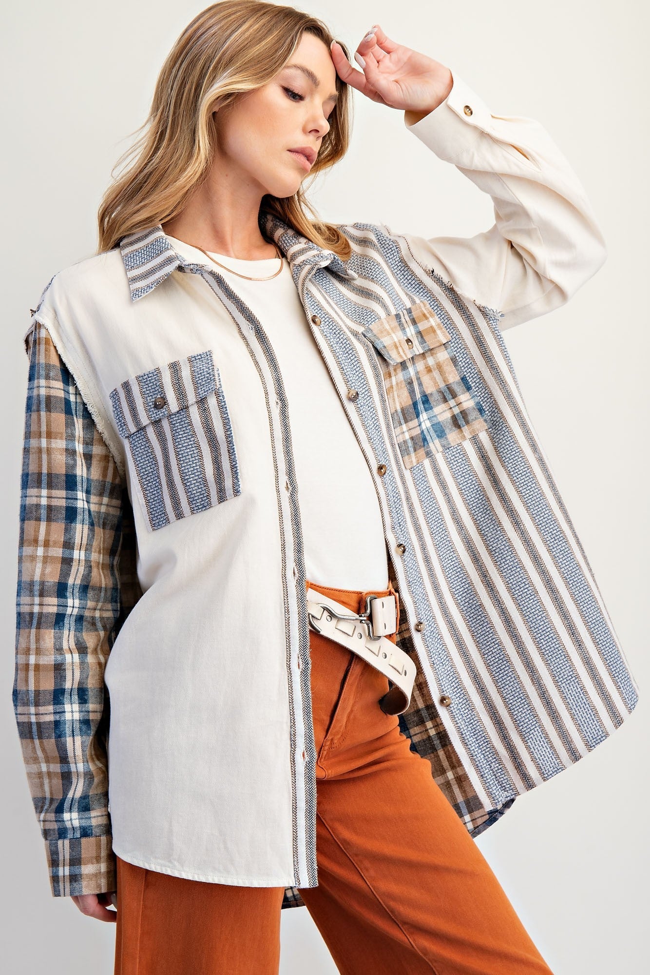 Easel Mixed Print Patchwork Shacket with Back Star Patches in Cream Blue