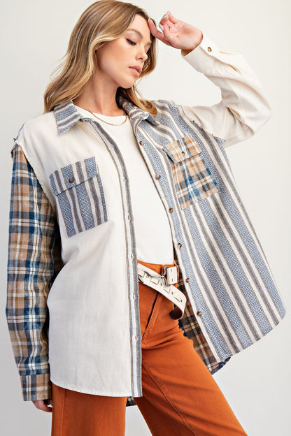 Easel Mixed Print Patchwork Shacket with Back Star Patches in Cream Blue