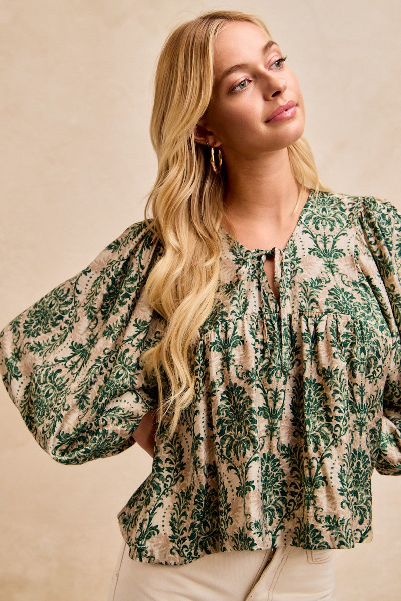 BiBi Two Tone Abstract Print Top in Tan/Olive