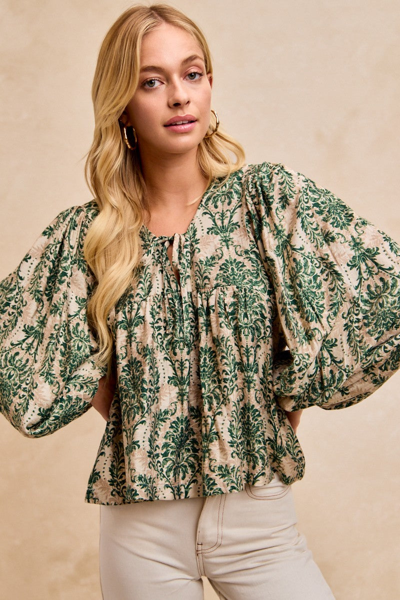 BiBi Two Tone Abstract Print Top in Tan/Olive