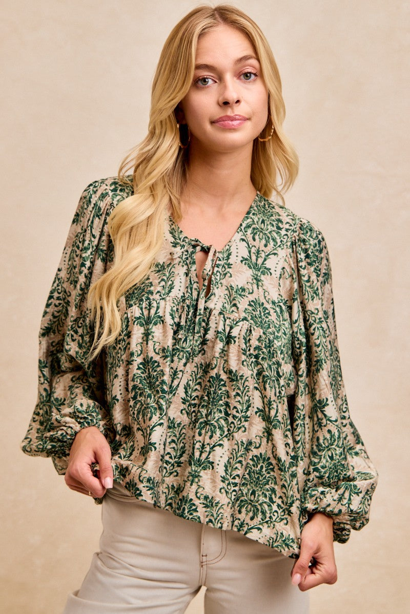 BiBi Two Tone Abstract Print Top in Tan/Olive