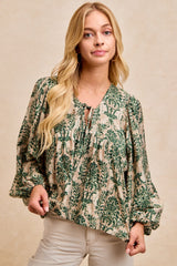 BiBi Two Tone Abstract Print Top in Tan/Olive