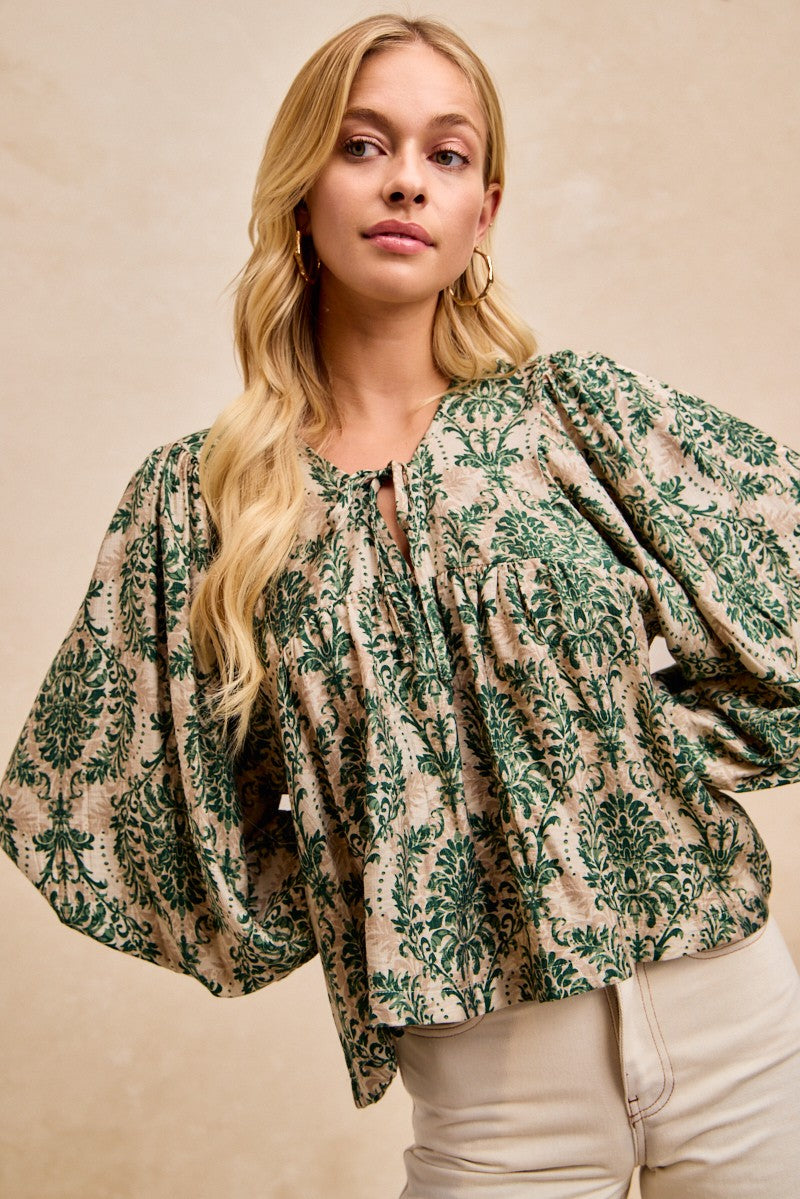 BiBi Two Tone Abstract Print Top in Tan/Olive