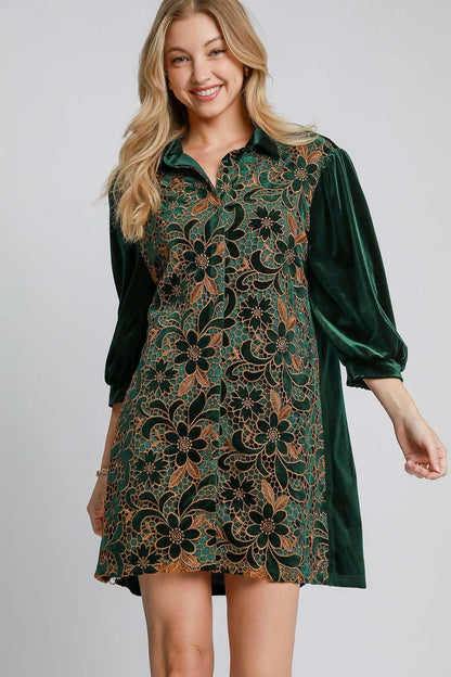 Umgee Velvet Lace Mini Dress in Hunter Green