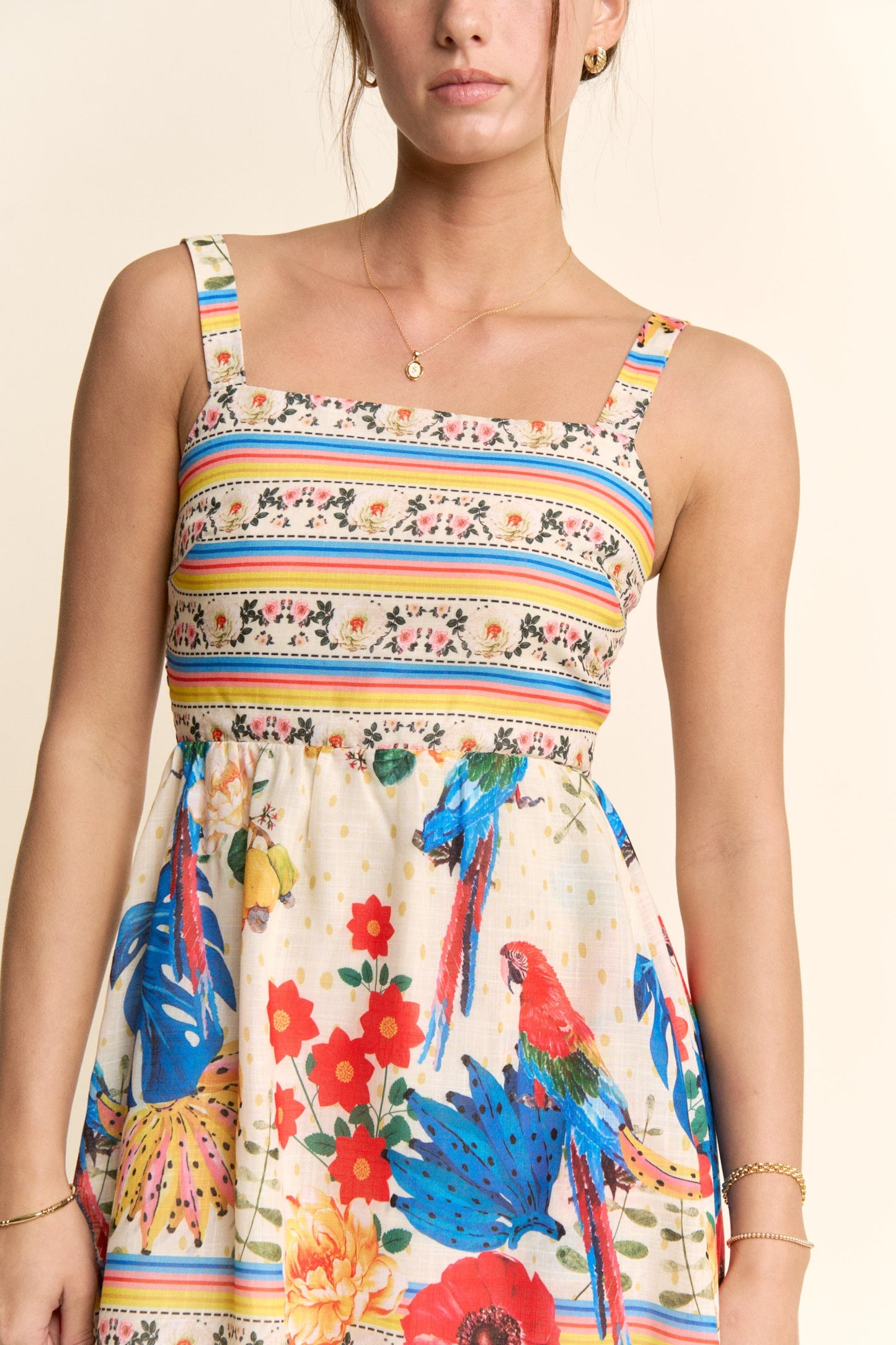Davi & Dani Parrot Print Maxi Dress in Cream Beige Multi