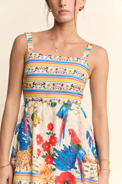 Davi & Dani Parrot Print Maxi Dress in Cream Beige Multi