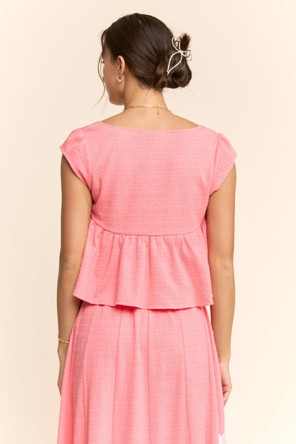 Davi & Dani Crinkled Knit Top Elastic Waist Maxi Skirt Set in Pink