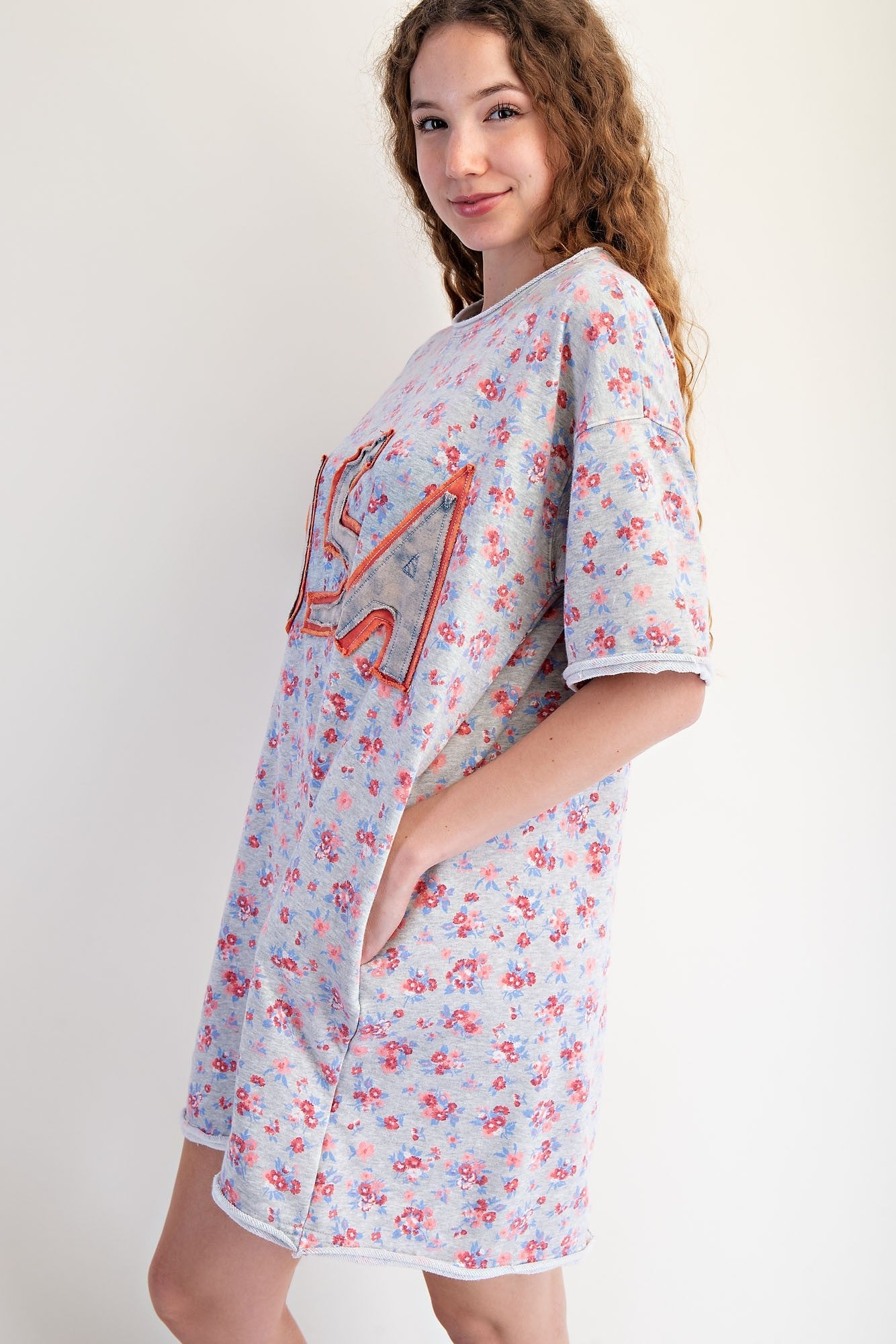 Easel Terry Knit Floral Print Mini Dress with USA Letter patched Front in Heather Grey