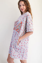 Easel Terry Knit Floral Print Mini Dress with USA Letter patched Front in Heather Grey