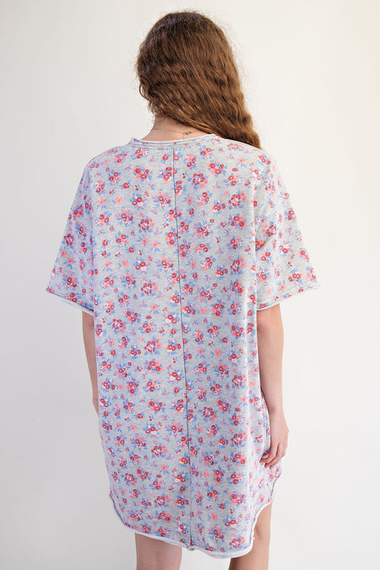 Easel Terry Knit Floral Print Mini Dress with USA Letter patched Front in Heather Grey