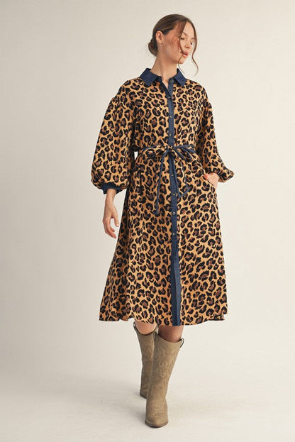 Jodifl Button Down Front Leopard Print Midi Dress in Animal ON ORDER