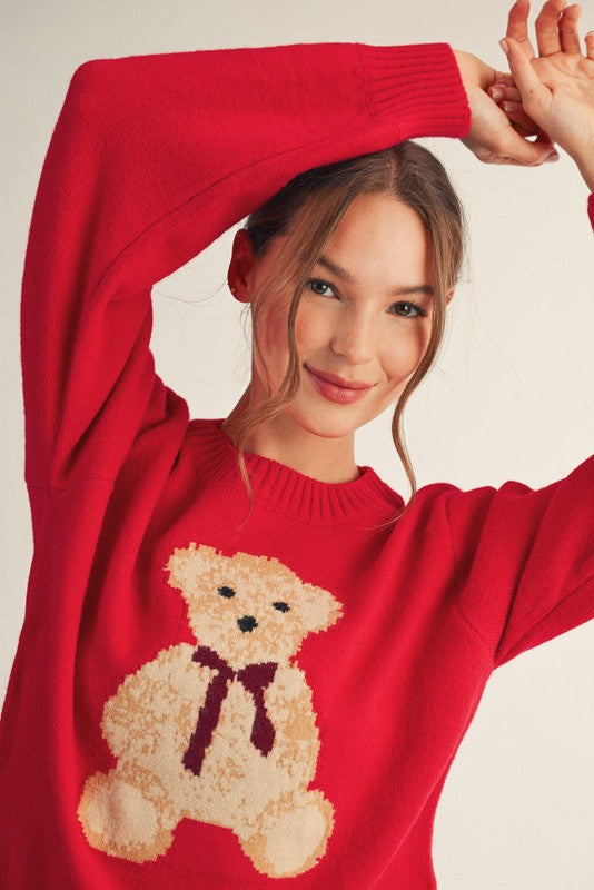 Jodifl Solid Color Knit Sweater with Teddy Bear Front in Red