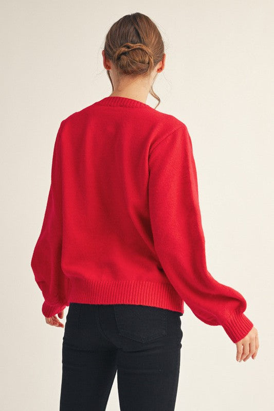 Jodifl Solid Color Knit Sweater with Teddy Bear Front in Red