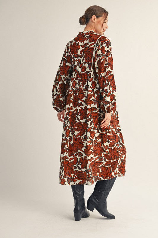 Jodifl Smocked Chest Floral Print Midi Dress in Brown