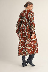 Jodifl Smocked Chest Floral Print Midi Dress in Brown