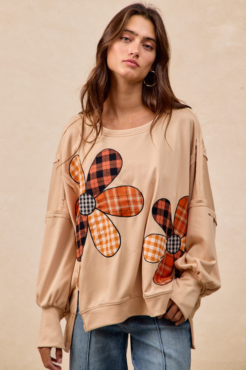 BiBi OVERSIZED Mixed Plaid Flower Patched French Terry Top in Oatmeal