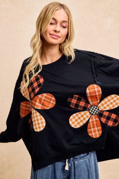 BiBi OVERSIZED Mixed Plaid Flower Patched French Terry Top in Black