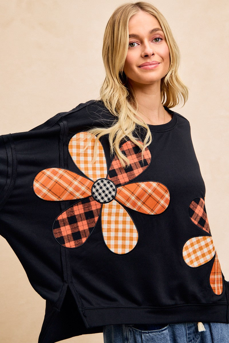 BiBi OVERSIZED Mixed Plaid Flower Patched French Terry Top in Black