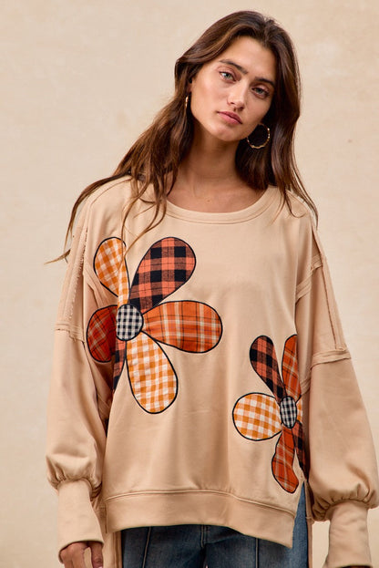 BiBi OVERSIZED Mixed Plaid Flower Patched French Terry Top in Oatmeal