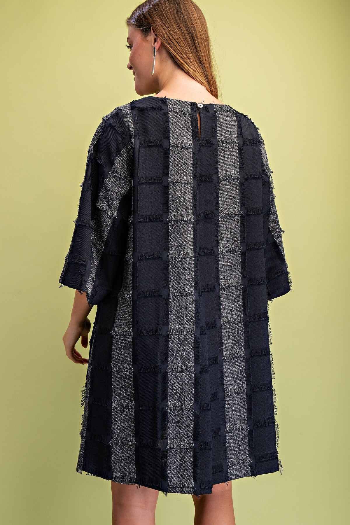 GiGio Frayed Texture Checkered Print Mini Dress in Navy