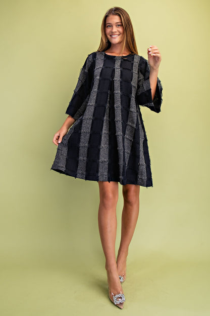 GiGio Frayed Texture Checkered Print Mini Dress in Navy