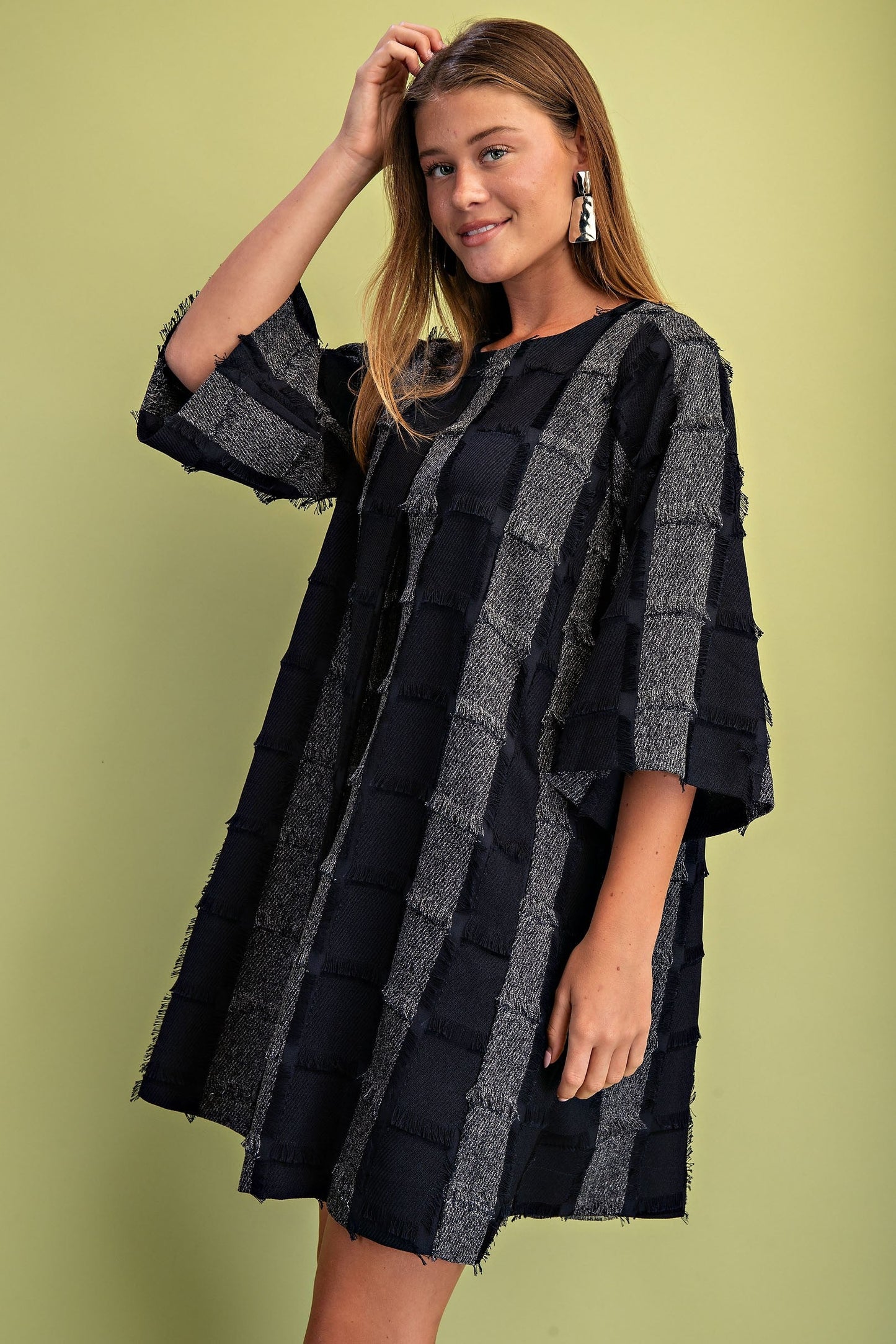 GiGio Frayed Texture Checkered Print Mini Dress in Navy
