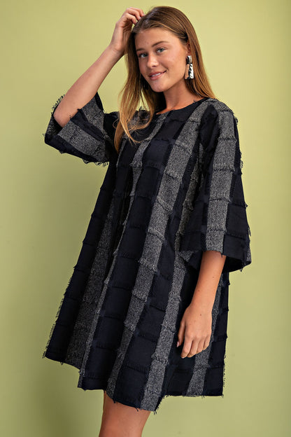 GiGio Frayed Texture Checkered Print Mini Dress in Navy