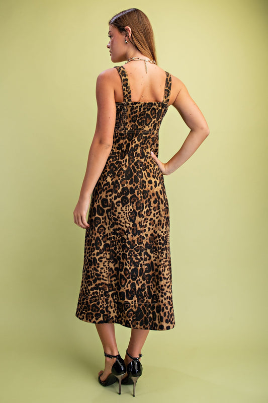 GiGio Leopard Print Front Zip Midi Dress in Camel