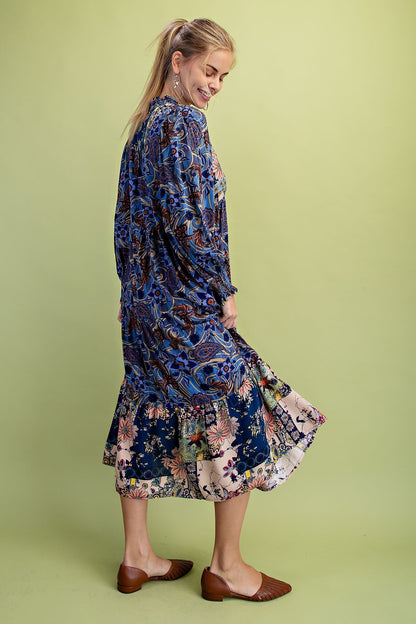 GiGio Mixed Print Tiered Midi Dress in Midnight