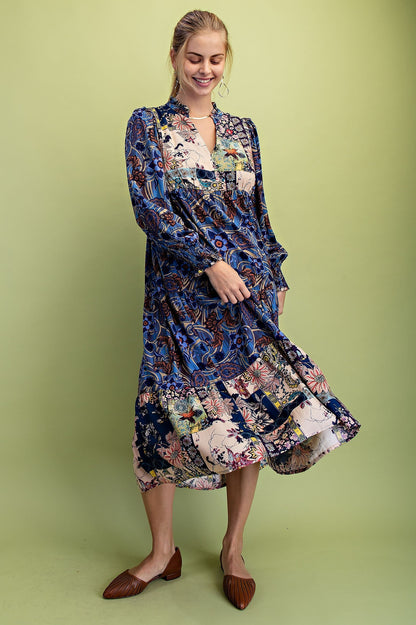 GiGio Mixed Print Tiered Midi Dress in Midnight
