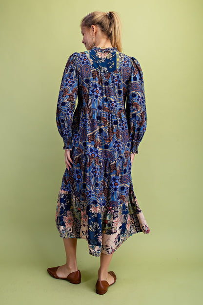 GiGio Mixed Print Tiered Midi Dress in Midnight