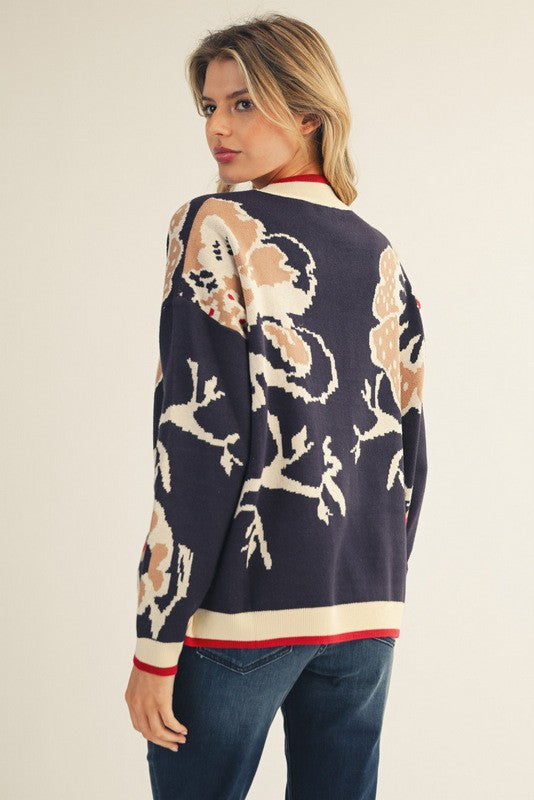 Jodifl Knit Floral Pattern Sweater in Navy