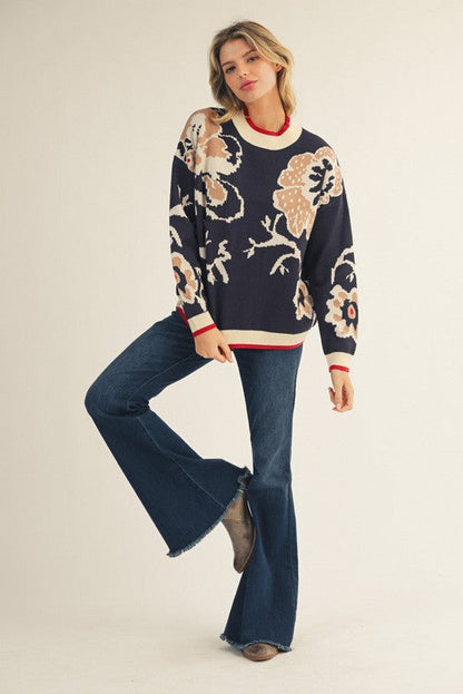 Jodifl Knit Floral Pattern Sweater in Navy