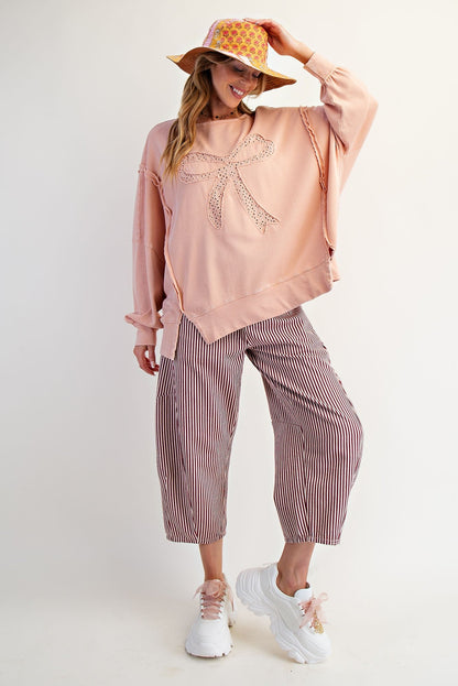 Easel OVERSIZED Eyelet Lace Bow Patched Top in Dusty Pink