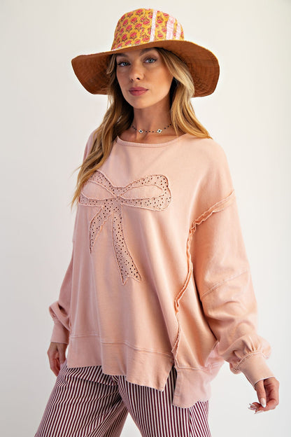 Easel OVERSIZED Eyelet Lace Bow Patched Top in Dusty Pink