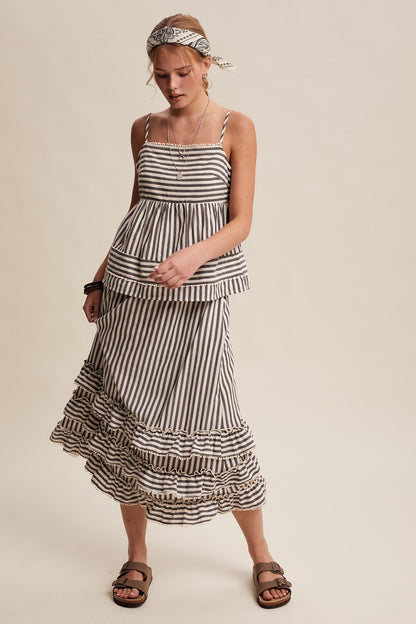 Listicle Striped Ruffle Trim Two-Piece Set in Dark Navy