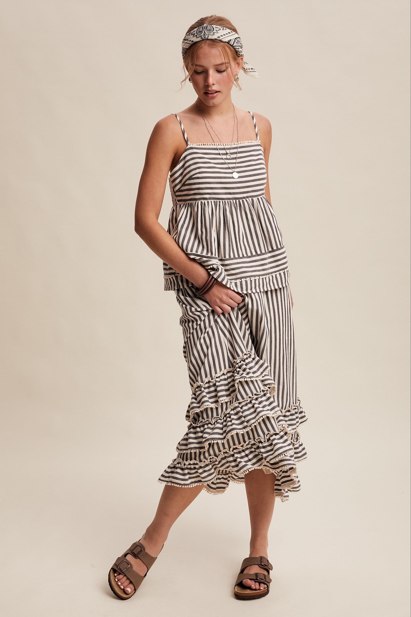 Listicle Striped Ruffle Trim Two-Piece Set in Dark Navy