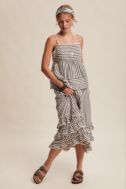 Listicle Striped Ruffle Trim Two-Piece Set in Dark Navy