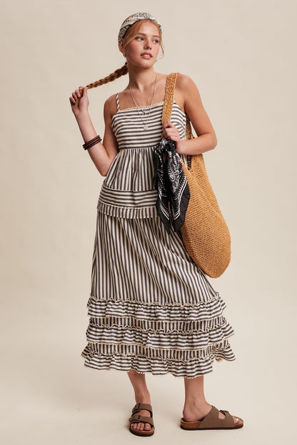 Listicle Striped Ruffle Trim Two-Piece Set in Dark Navy