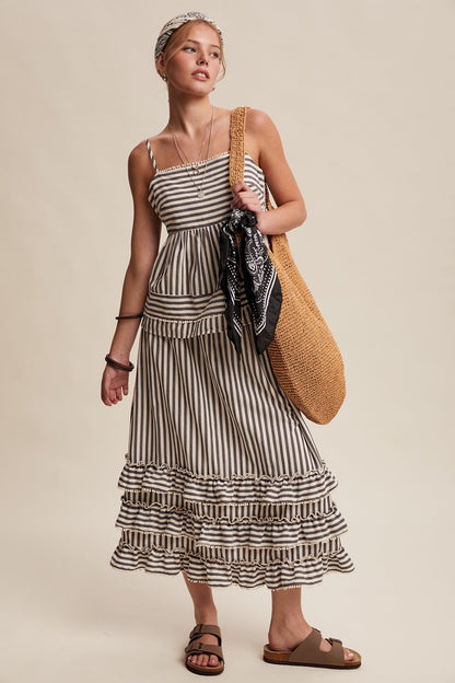Listicle Striped Ruffle Trim Two-Piece Set in Dark Navy