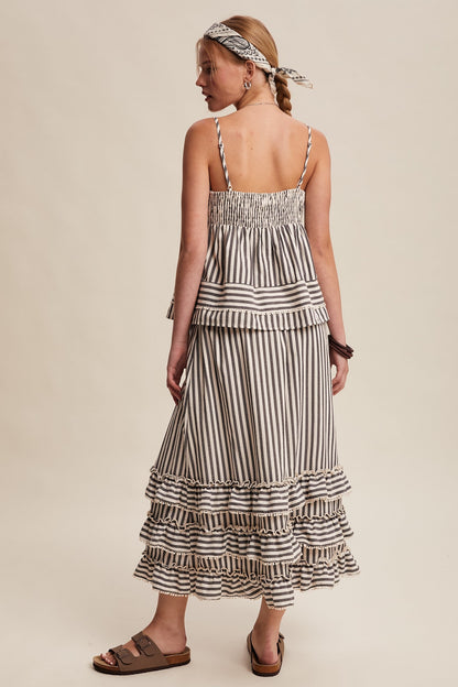 Listicle Striped Ruffle Trim Two-Piece Set in Dark Navy