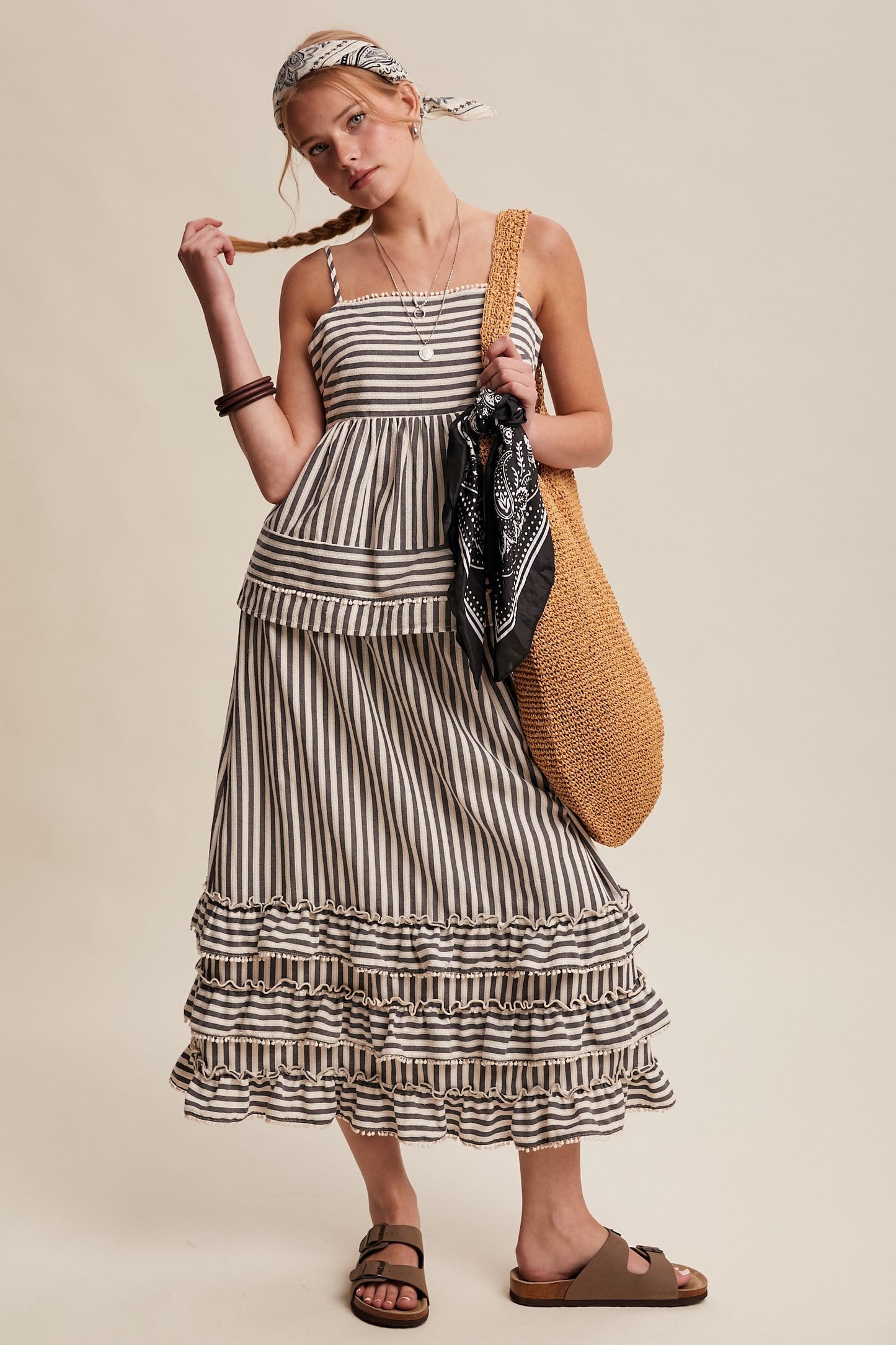 Listicle Striped Ruffle Trim Two-Piece Set in Dark Navy